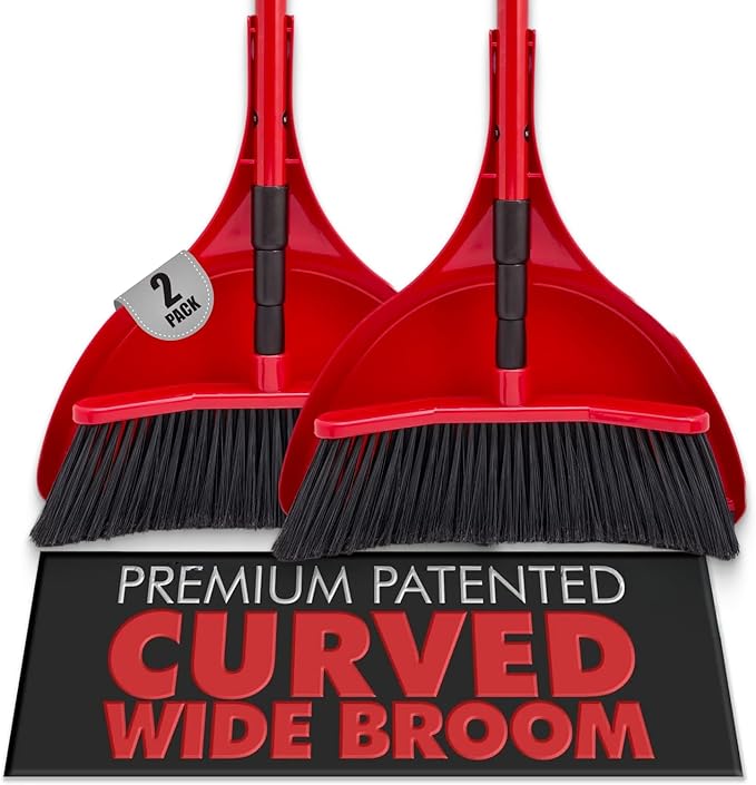 Da Vinci Curved Angle Broom & Dustpan Combo Pack (2) - Heavy Duty Broom for Indoor/Outdoor Sweeping, Steel Telescopic Handle, Durable PVC Bristles, Ideal for Pet Hair, Dust, Kitchen & Rough Surfaces