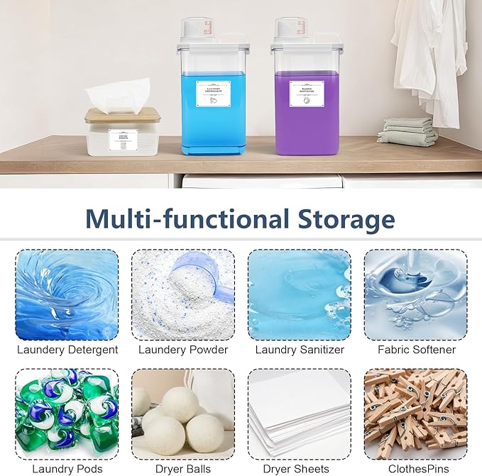 2 Pack Laundry Detergent Dispenser and Dryer Sheet Holder Set, 78 oz Laundry Soap Dispenser, Plastic Liquid Fabric Softener Dispensers for Laundry Room Organization with 12 Labels