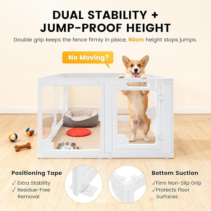WICHEMI 8 Panel Indoor Dog Playpen, Acrylic Clear Puppy Playpen, 23.6" H Cat Play Pen with Double Door Lock, Paw Print Design Pet Playpen with Suction Cup, White