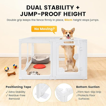 WICHEMI 8 Panel Indoor Dog Playpen, Acrylic Clear Puppy Playpen, 23.6" H Cat Play Pen with Double Door Lock, Paw Print Design Pet Playpen with Suction Cup, White
