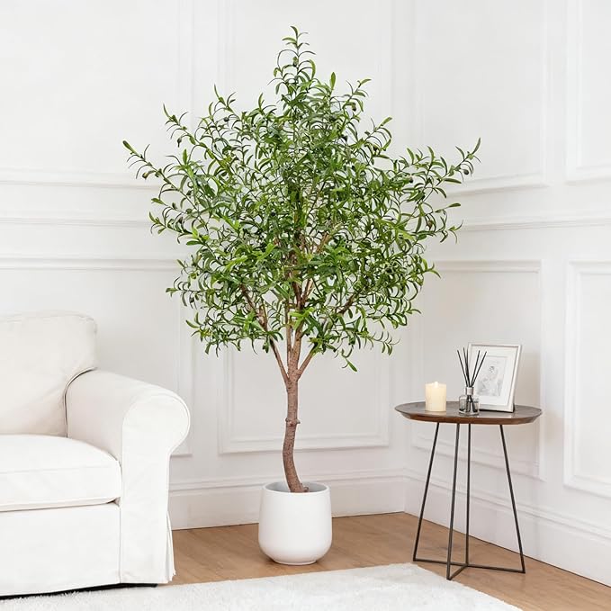 Fake Tree Faux Olive Tree Artificial Olive Trees Artificial Indoor Realistic Potted Silk Indoor Large Fruit for Home Offices, Living Rooms, Bedrooms, Stairs and Foyer Decor (8 Ft Leaf Type)