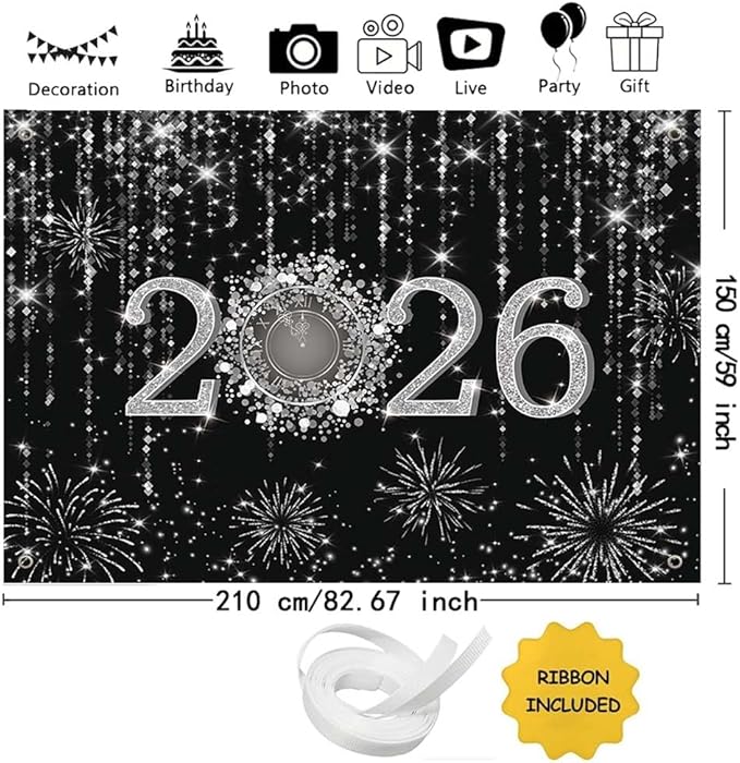MEHOFOND 7x5ft Black and Silver 2026 New Year Backdrop Cheers to 2026 Photography Background Hello 2026Fireworks Dripping Glitter Dots Clock Decor Time to 2026 New Year Eve Cake Smash Photo Props