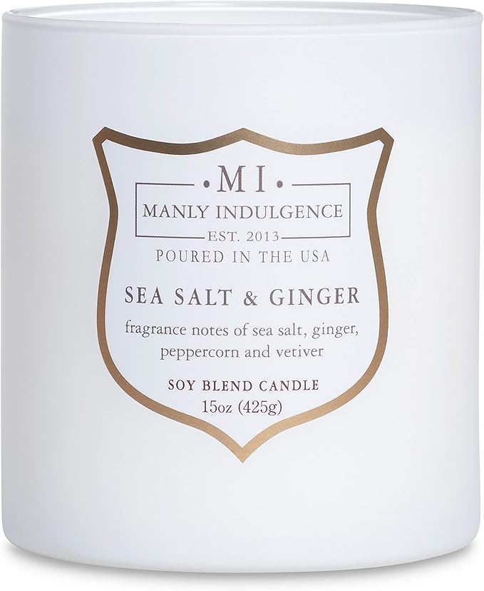 Manly Indulgence Sea Salt & Ginger Scented Candles for Men, 15 oz Wooden Wick, Premium Soy Blend Wax, 60H Burn, Candles for Home Scented - Made in The USA