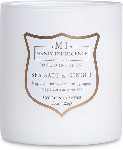 Manly Indulgence Sea Salt & Ginger Scented Candles for Men, 15 oz Wooden Wick, Premium Soy Blend Wax, 60H Burn, Candles for Home Scented - Made in The USA