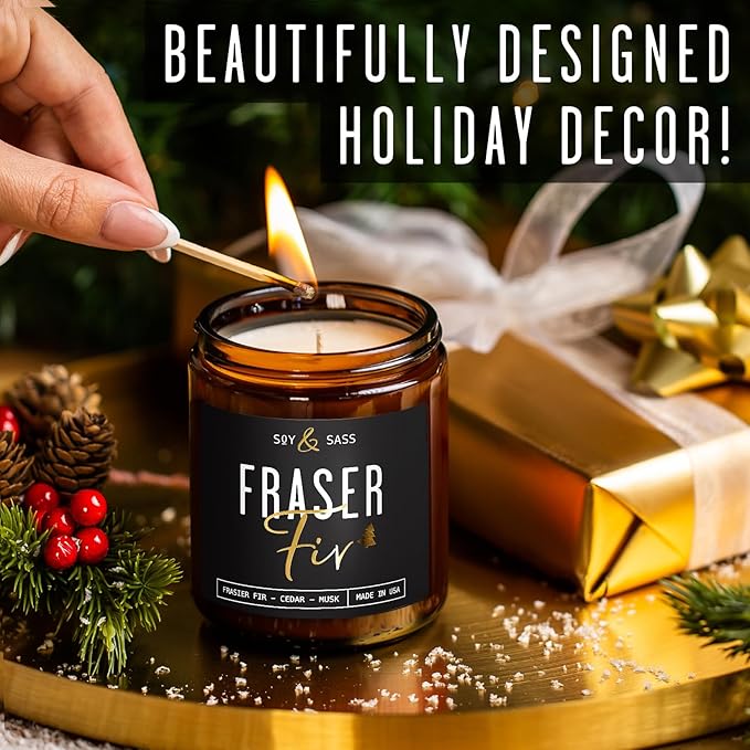 Fraser Fir Candles - Christmas Candles - 'Fraser Fir' w/Balsam Fir Cedar & Sandalwood Evergreen Tree Scent I Winter Evergreen Candle I Stocking Stuffers for Women I 9oz, 50Hr, USA Made
