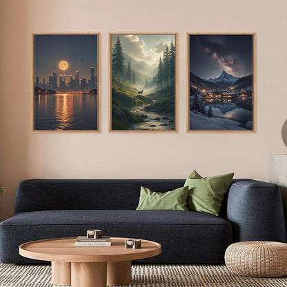 Large Modern City Moon Framed Canvas Wall Art,Forest Misty Wall Decor,Winter Town Night Wall Painting,Nature Landscape Picture Artwork for Living Room,Bedroom,Dining Room,Office -16"x24"x3