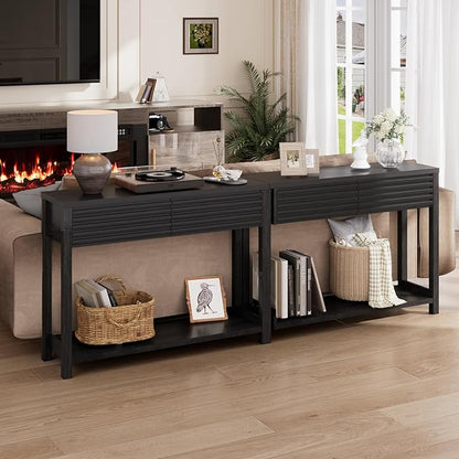 BREEZEHEAT 40" Fluted Console Table with 2 Drawers, Modern Wood 2 Tier Entryway Table with Storage Shelf, Narrow Sofa Table Behind Couch Accent Table for Entrance Foyer, Hallway, Living Room, Black