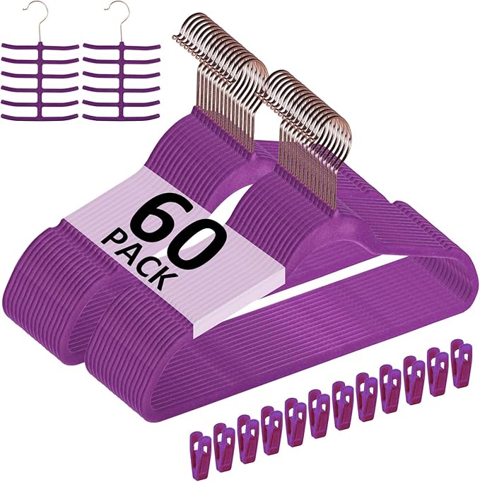 VECELO Premium Velvet Clothes Hangers Suit Heavy Duty (60 Pack)-Non Slip & Space-Saving with 8 Finger Clips & Tie Rack Excellent for Men and Women,Dark Purple