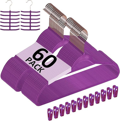VECELO Premium Velvet Clothes Hangers Suit Heavy Duty (60 Pack)-Non Slip & Space-Saving with 8 Finger Clips & Tie Rack Excellent for Men and Women,Dark Purple