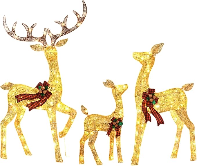 3-Piece Large Lighted Christmas Deer Family Set, Christmas Indoor and Outdoor Decoration with 225 Warm White LED Lights, Ground Pegs, Cable Ties. Suitable for Patio Lawn Garden Party-Cold