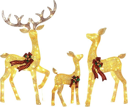 3-Piece Large Lighted Christmas Deer Family Set, Christmas Indoor and Outdoor Decoration with 225 Warm White LED Lights, Ground Pegs, Cable Ties. Suitable for Patio Lawn Garden Party-Cold