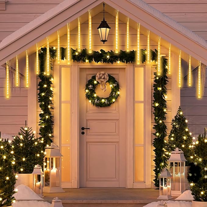 2-Pack Christmas Decorations Lights Outdoor, Total 384LED Meteor Shower Lights with Timer, 30cm 16 Tubes Indoor Outdoor Snow Cascading String Light for Xmas Tree Roof Party Garden Decor (Warm White)