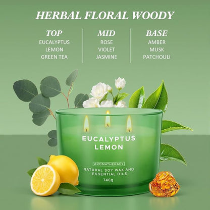 Eucalyptus Lemon Candles for Home Scented, 12oz Large Scented Candles for Women Men, Natural Soy Aromatherapy Candle, 70 Hours Long Burning Amber Jar Candle Gifts for Mom, Dad, Her, Wife