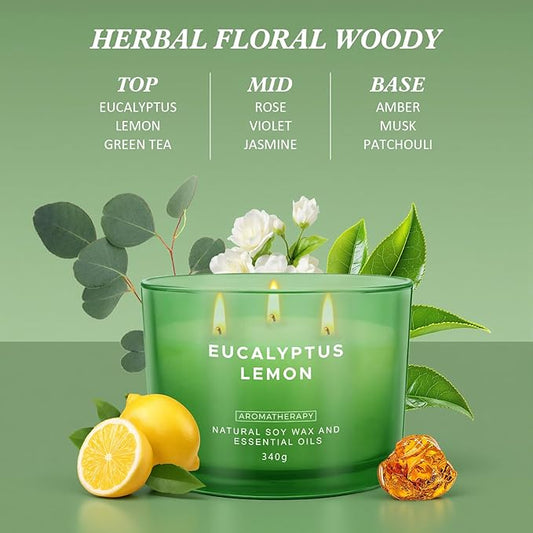 Eucalyptus Lemon Candles for Home Scented, 12oz Large Scented Candles for Women Men, Natural Soy Aromatherapy Candle, 70 Hours Long Burning Amber Jar Candle Gifts for Mom, Dad, Her, Wife