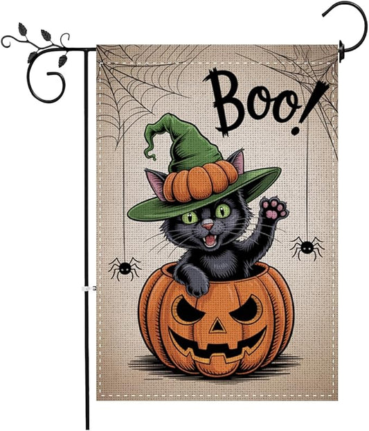 Fokongna Interesting Halloween Garden Flag, Pumpkin Spider Cat Boo Halloween Garden Flag, 12x18 Inch Burlap Vertical Double Sided Flags, for Home Yard Outside Decorations