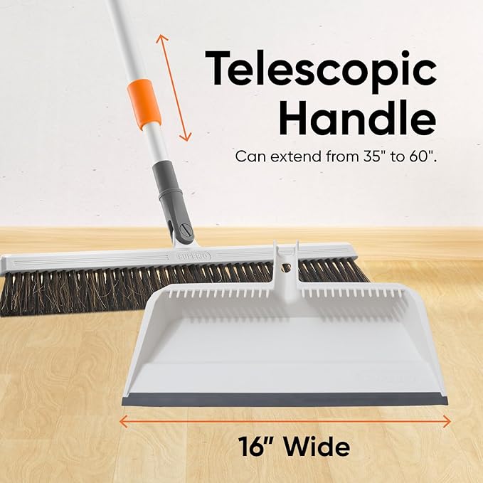 Superio 18" Horse Hair Upright Broom and 16" Dustpan with Comb – Narrow Thin Dust Broom for Dog Hair – Telescopic Handle – Floor Cleaning Set for Hardwood & Tile – Gray/White
