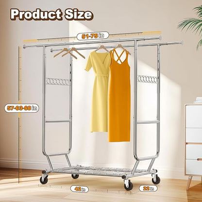 HOKEEPER 600 lbs Commercial Clothing Garment Rack with Shelves Clothing Racks on Wheels Rolling Closet Clothes Rack Heavy Duty Portable Collapsible Adjustable, Chrome Finish