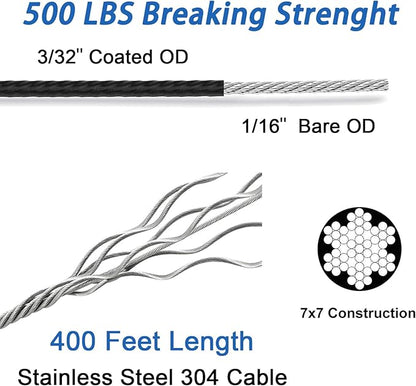 String Light Hanging Kit with 400FT Vinyl Coated 304 Stainless Steel Wire Rope, Globe String Light Suspension Kit, Outdoor Light Guide Wire Kit Included Turnbuckles, Enough Accessories, Use Manual