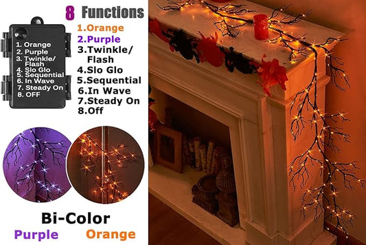 LITBLOOM Halloween Garland Lights 8 Functions 120 Orange and Purple Bi-Color Fairy Lights, Lighted Black Garland Battery Operated for Fall Halloween Decor Inside Outdoor