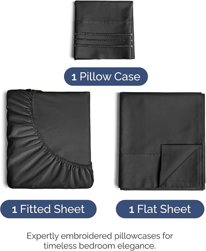 Twin Size 3 Piece Sheet Set - Comfy Breathable & Cooling Bed Sheets Set - Hotel Luxury Bedding for Women, Men, Kids, Teens, Boys & Girls - Deep Pockets, Ultra-Soft and Wrinkle Free - Oeko-Tex - Black