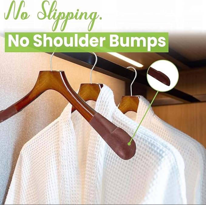 Premium Luxe Wood Coat Hangers, Wide Shoulder Wooden Jacket Hangers with Velvet Grip, Heavy Duty Luxury Hangers for Coats & Blazers, High Gloss Brown with Brown Velvet, 12 Pack