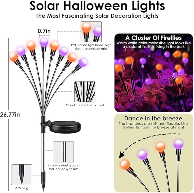 6Pack Total 48 LED Purple and Orange Solar Halloween Lights Outdoor - Solar Firefly Lights Outdoor, Sway by Wind, Waterproof for Garden Patio Pathway Halloween Decorations