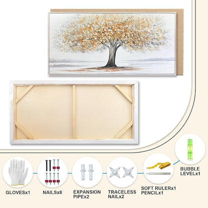 White Tree of Life Canvas Wall Art, Modern Abstract Textured Painting, Large Framed Panoramic Landscape Artwork for Living Room, Bedroom, Office, Home Decor 60"x30"