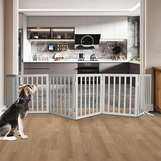 Dog Gate Indoor, Freestanding Dog Fence for The House, Doorways, Hallways,or Stairs,Pet Gate Foldable Wooden,Expandable 24" Height 6 Panels,Grey