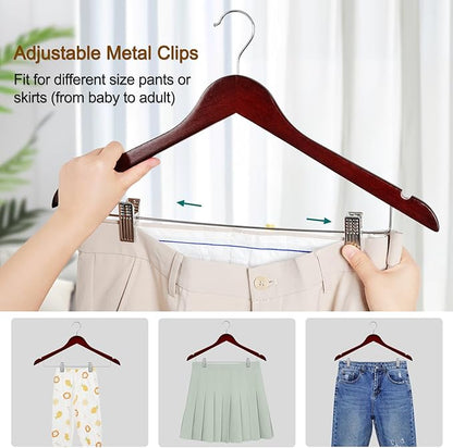 TOPIA HANGER Wooden Suit Hangers with Adjustable Metal Clips (10 Pack), Solid Wood Clothes Hangers, 360° Swivel Hook, Premium Pants Hangers for Clothes Coat, Jeans, Blouse- Cherry CT28M