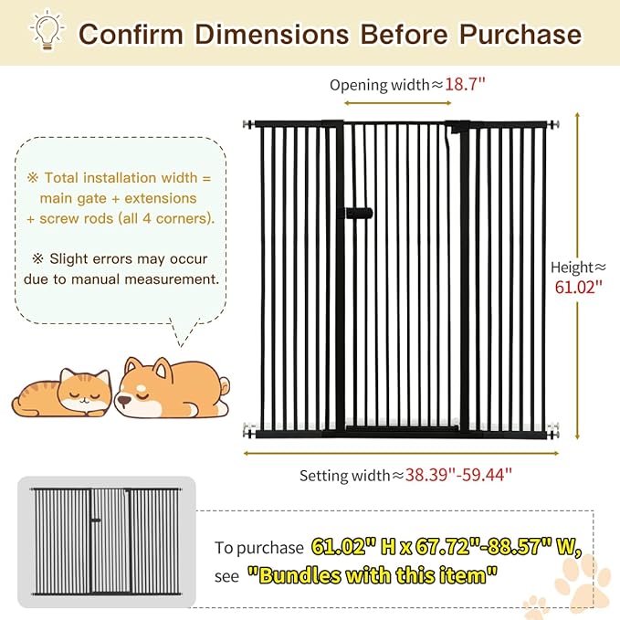 Lumizone Extra Tall Cat Gate 61.02" High Pressure Mounted Extra Wide 2025 New (17 Sizes) 1.37" Gap No Drilling Auto-Close One-Handed Operation Tall Pet Gate for Dogs(Black, 61.02" H x 38.39"-59.44" W)