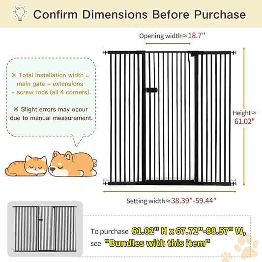 Lumizone Extra Tall Cat Gate 61.02" High Pressure Mounted Extra Wide 2025 New (17 Sizes) 1.37" Gap No Drilling Auto-Close One-Handed Operation Tall Pet Gate for Dogs(Black, 61.02" H x 38.39"-59.44" W)