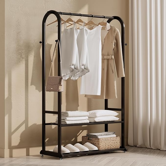 Heavy Duty Clothes Rack with Bottom Shelves & 6 side Hooks - Sturdy Metal Clothing Rack,Garment Racks for Hanging Clothes,can keep and organize your shoes and boxes in order