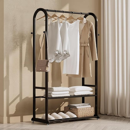 Heavy Duty Clothes Rack with Bottom Shelves & 6 side Hooks - Sturdy Metal Clothing Rack,Garment Racks for Hanging Clothes,can keep and organize your shoes and boxes in order