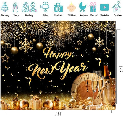 CYLYH 7x5FT New Year Backdrop 2026 Happy New Year Background Golden Particles Bokeh Backdrop Black and Gold Photography