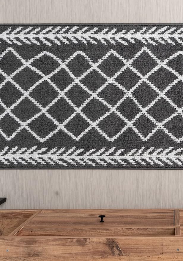 3 Ft Non-Slip Grey Soft Indoor Bohemian Trellis Doormat - 2'7" X 3' Washable Carpet - Rubber Backed, Custom Size Floor Mat for Stairs Bedroom Bathroom Entryway