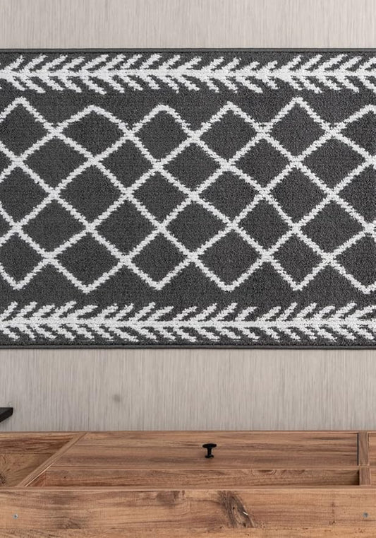 3 Ft Non-Slip Grey Soft Indoor Bohemian Trellis Doormat - 2'7" X 3' Washable Carpet - Rubber Backed, Custom Size Floor Mat for Stairs Bedroom Bathroom Entryway