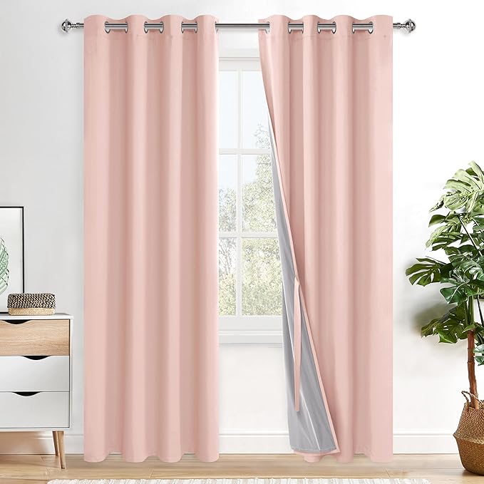 XWZO 100% Blackout Curtains 2 Panels with Tiebacks- Heat and Full Light Blocking Window Treatment with Black Liner for Girl's Room/Nursery, Grommet, Blush Pink, W52 x L84 Inches Long, Set of 2