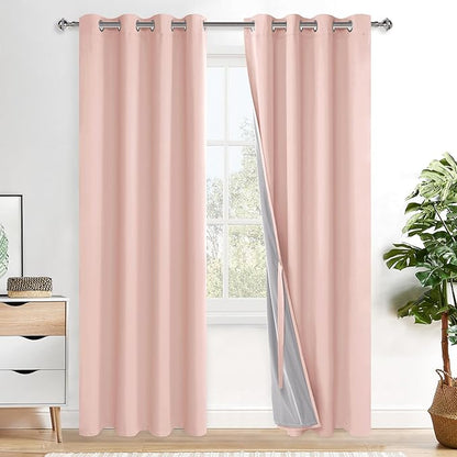 XWZO 100% Blackout Curtains 2 Panels with Tiebacks- Heat and Full Light Blocking Window Treatment with Black Liner for Girl's Room/Nursery, Grommet, Blush Pink, W52 x L84 Inches Long, Set of 2