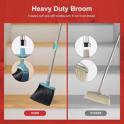 Upgrade Broom and Dustpan Set, Broom with Dustpan Combo Sets, Large Brooms and Dust Pan with Handle, Self-Cleaning Dust Pans, Heavy Duty Broom and Dustpans Set for Lobby Kitchen Office - Green