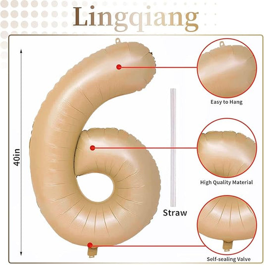 Nude Number Balloons for Boys Girls, 40inch Large Tan Number 6 Foil Mylar Helium Balloons, Self Inflating Apricot Number Balloons 0-9 for Men Women 6th 60th Birthday Anniversary Party Decoration