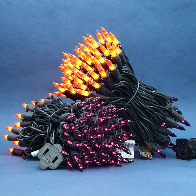 200 Count Orange & Purple Christmas Lights, Pack of 2 Strands 100 Count 33 ft Black Wire UL Listed Halloween String Light (Orange & Purple)