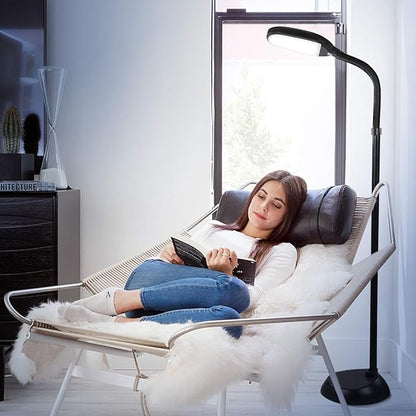 Brightech Litespan - Bright LED Floor Reading Lamp for Over Chair Crafts and Reading, Estheticians' Light for Lash Extensions, Adjustable Standing Lamp for Living Room, Bedroom, Office - Jet Black