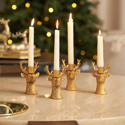 Candlestick Holders Vintage Reindeer Candle Holders, Brass Gold Deers Candle Stick Holders Set of 4 for Table Centerpiece, Mantel & Dining Table Wedding Decor, Festive Christmas Home Decoration