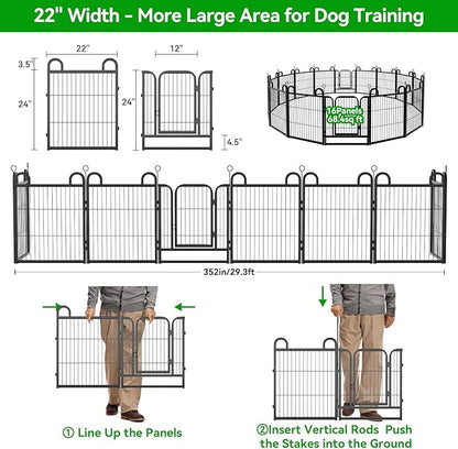Puppy Playpen 16 Piece Panels Small Dog Fence Outdoor Indoor Use 24" Height Anti-Rust with Doors Portable Dog Play Pen for RV Camping Yard, Total 29FT, 68 Sq.ft, Snowy Black