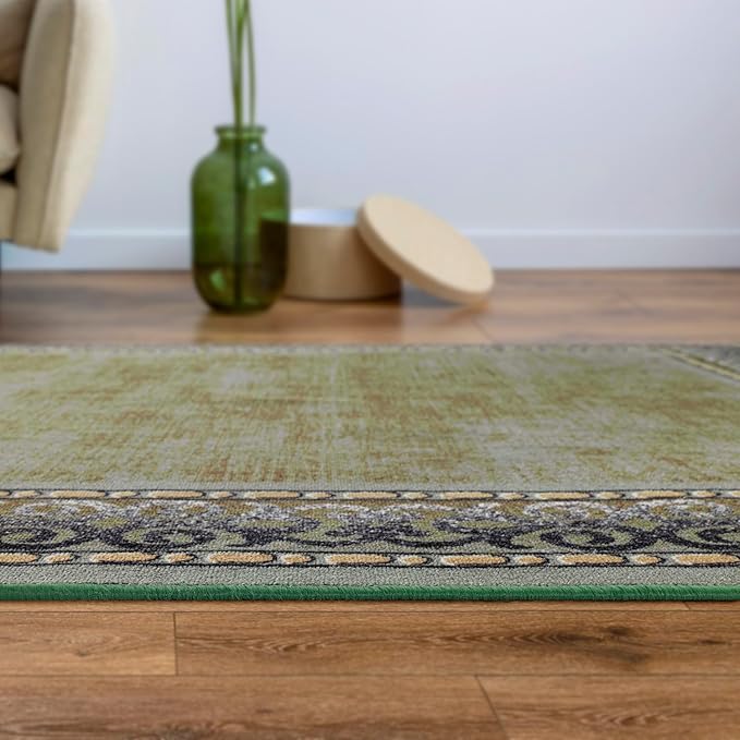 Antep Rugs Alfombras Bordered Modern 3x5 Non-Slip (Non-Skid) Low Pile Rubber Backing Indoor Area Rug (Green, 3' x 5')