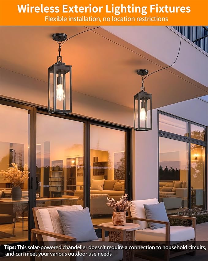 15'' Large Solar Pendant Light Outdoor, Modern Outside Chandelier Outdoor Hanging Lantern, Black with Clear Glass, Exterior Pendant Lighting Fixture Ceiling Mount for Porch, Entryway, Gazebo, 1 Pack