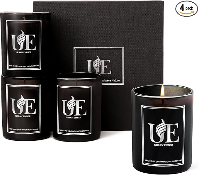4 Pack Scented Candles Set | Black Scented Candle Set of Amber Wood, Oud Vanilla, Wood Leather, Lavender | 220 Hour Long Lasting Soy Wax Candles for Home | Gifts for Men, 32 oz