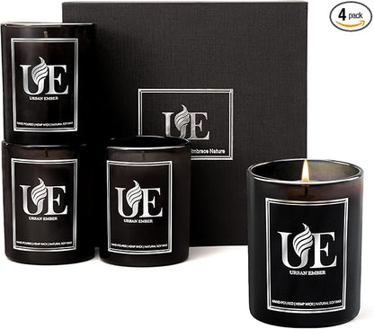 4 Pack Scented Candles Set | Black Scented Candle Set of Amber Wood, Oud Vanilla, Wood Leather, Vintage Oak | 220 Hour Long Lasting Soy Wax Candles for Home | Gifts for Men, 32 oz