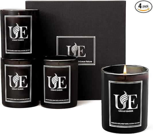 4 Pack Scented Candles Set | Black Scented Candle Set of Amber Wood, Oud Vanilla, Wood Leather, Eucalyptus Mint | 220 Hour Long Lasting Soy Wax Candles for Home | Gifts for Men, 32 oz