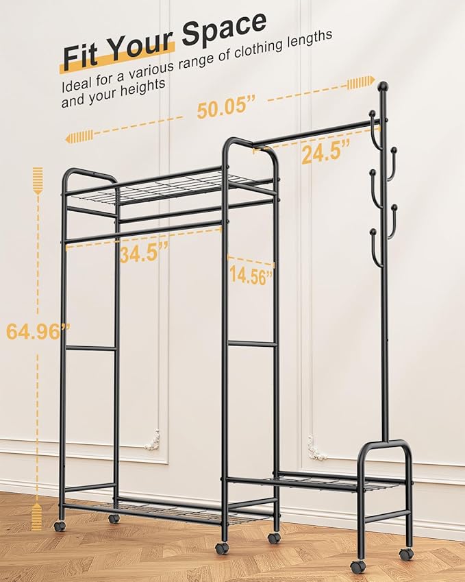 10-in-1 Clothes Rack, Multi-Function Garment Rack with 3 Tier Shelves, 3 Hanging Rod, 4 Handy Hook, Heavy Duty Clothing Rack Up to 620 LBS, Metal Wardrobe Closet for Bedroom, Laundry, Balcony,Black